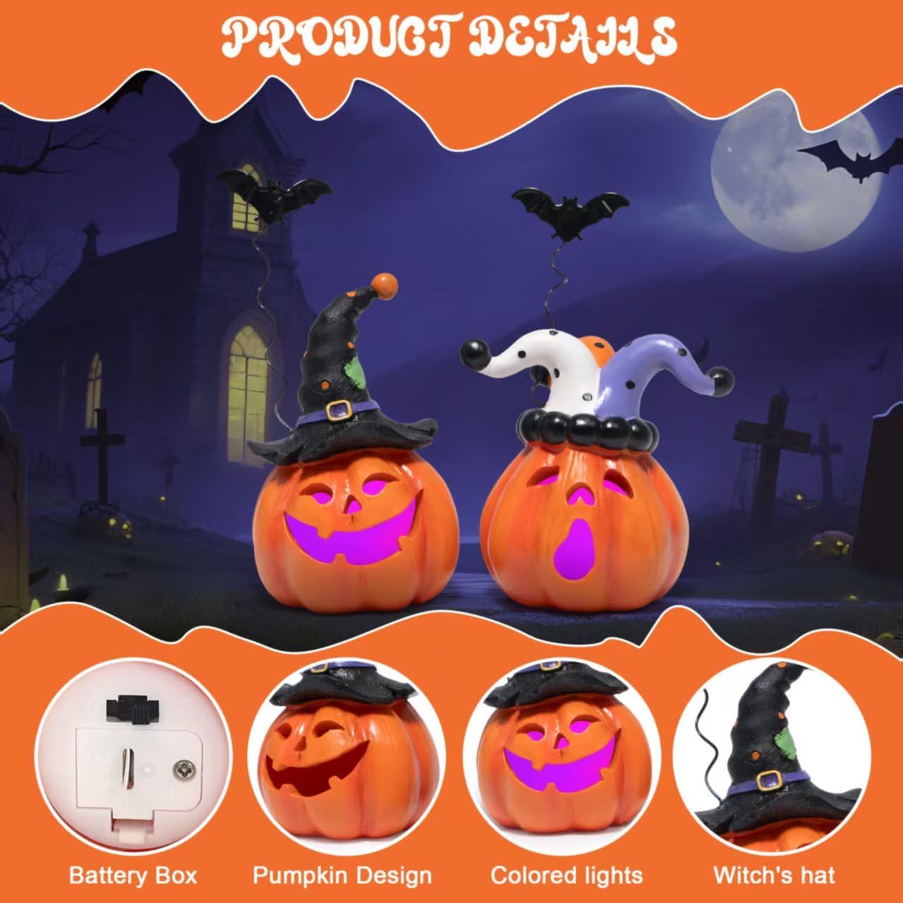 Hodao Halloween Pumpkin Decor Indoor, Resin Halloween Figurines with Light, Jack O Lantern Decorations with Witch Hat & Flying Bat for Home Bedroom Table Office Party Gift - 2 Pcs