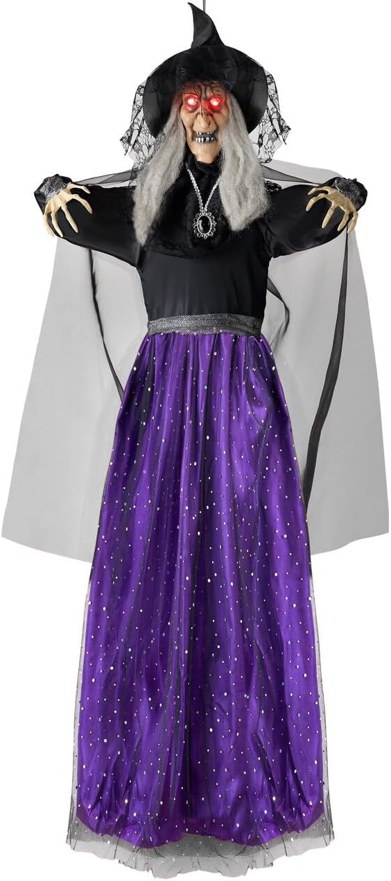 JOYIN 47” Animated Witch Halloween Decorations Outdoor Indoor, Scary Halloween Animatronics Decor, Hanging Ghost Talking Sound Activated Led Lights Eyes Haunted House Yard Garden Lawn