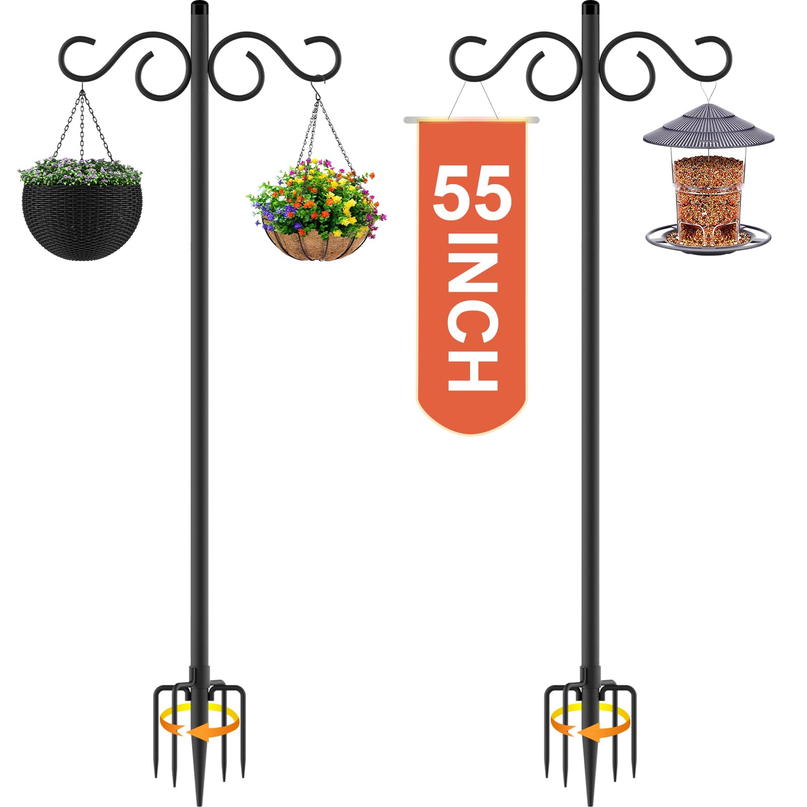 Double Shepherds Hooks for Outdoor,2 Pack 90 Inch Bird Feeder Pole with 5 Prongs Base,Heavy Duty Shepherds Hook,Suitable for Garden in Hanging Flower Basket,Lantern,Bird Nests (90 Inch)