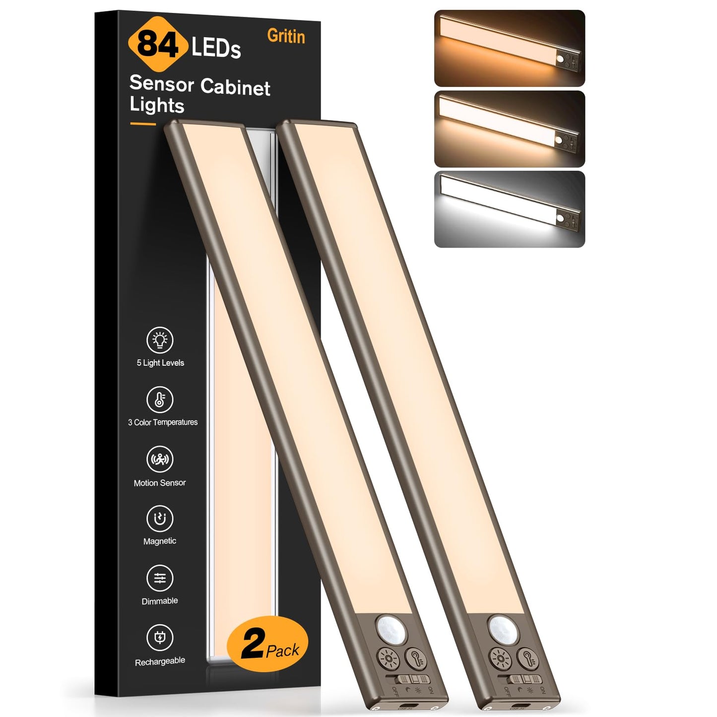 Gritin 10.2inch Under Cabinet Lighting Rechargeable -84 LED Super Bright,3-Color& 5 Level Brightness,4 Modes,Motion Sensor,Long Lasting- Easy Installation Magnetic Under Cabinet Closet Lights -2 Pack