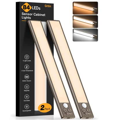 Gritin 10.2inch Under Cabinet Lighting Rechargeable -84 LED Super Bright,3-Color& 5 Level Brightness,4 Modes,Motion Sensor,Long Lasting- Easy Installation Magnetic Under Cabinet Closet Lights -2 Pack