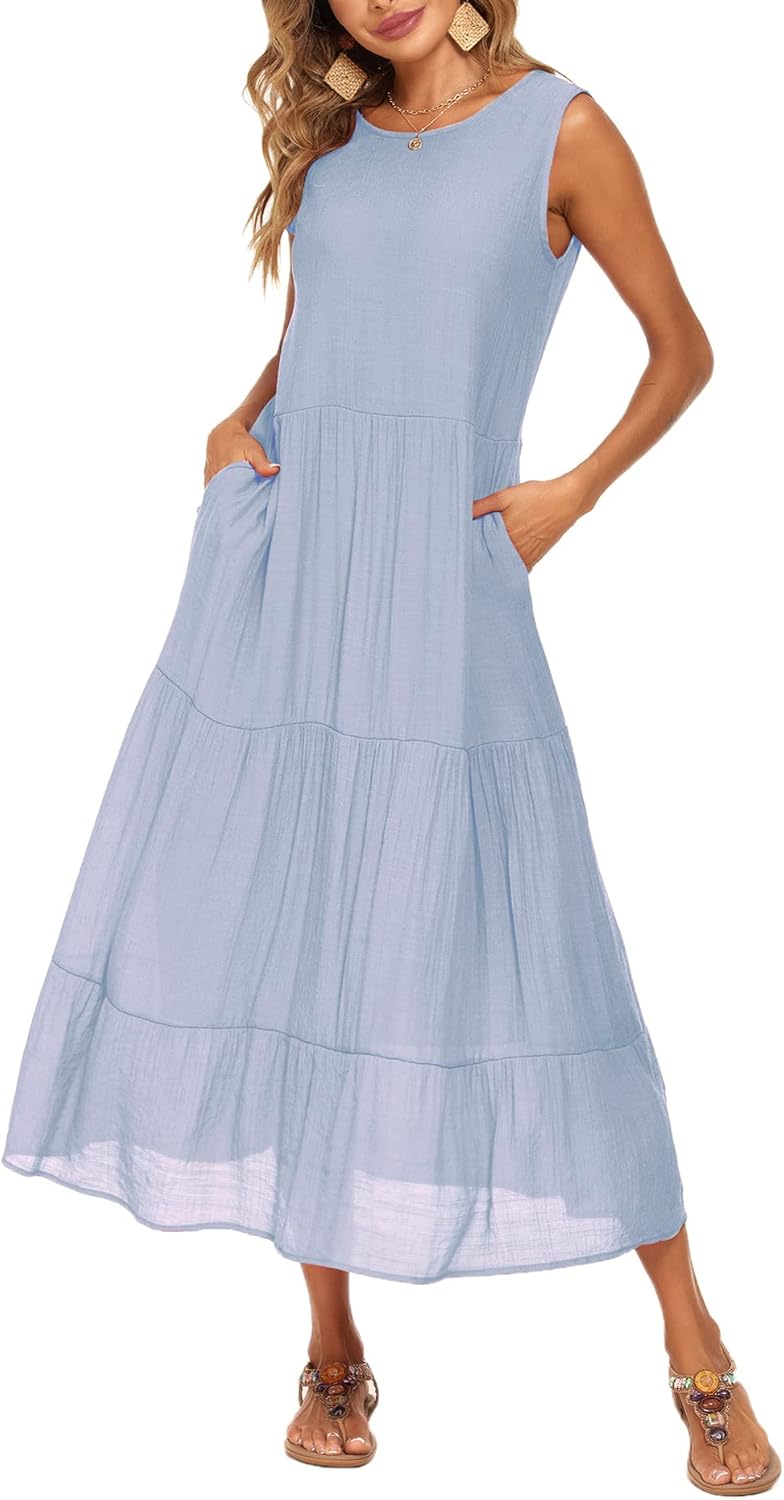Halife Women's Summer Casual Maxi Dresses Flowy Ruffle Boho Long Dresses with Pockets