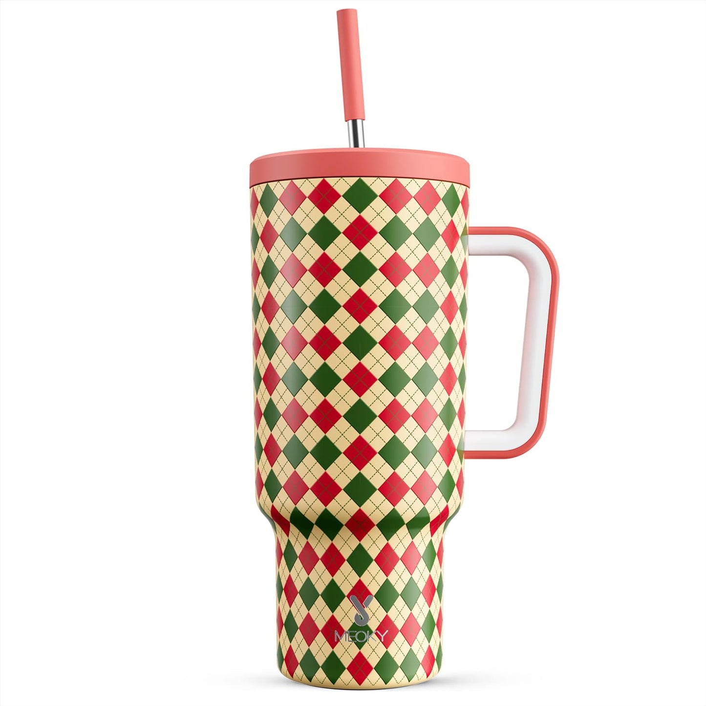 Meoky 40 oz Christmas Tumbler with Handle and Straw, Xmas Tumbler with Lid and Straw, Insulated Stainless Steel Travel Mug, Christmas Gifts for Women Men Adults (Jolly Reindeer)