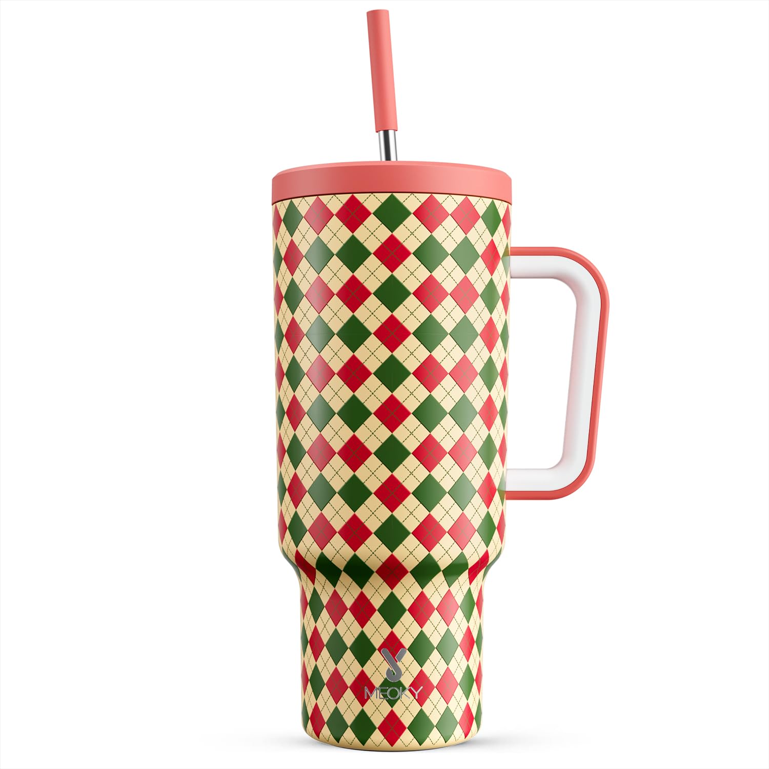 Meoky 40 oz Christmas Tumbler with Handle and Straw, Xmas Tumbler with Lid and Straw, Insulated Stainless Steel Travel Mug, Christmas Gifts for Women Men Adults (Jolly Reindeer)