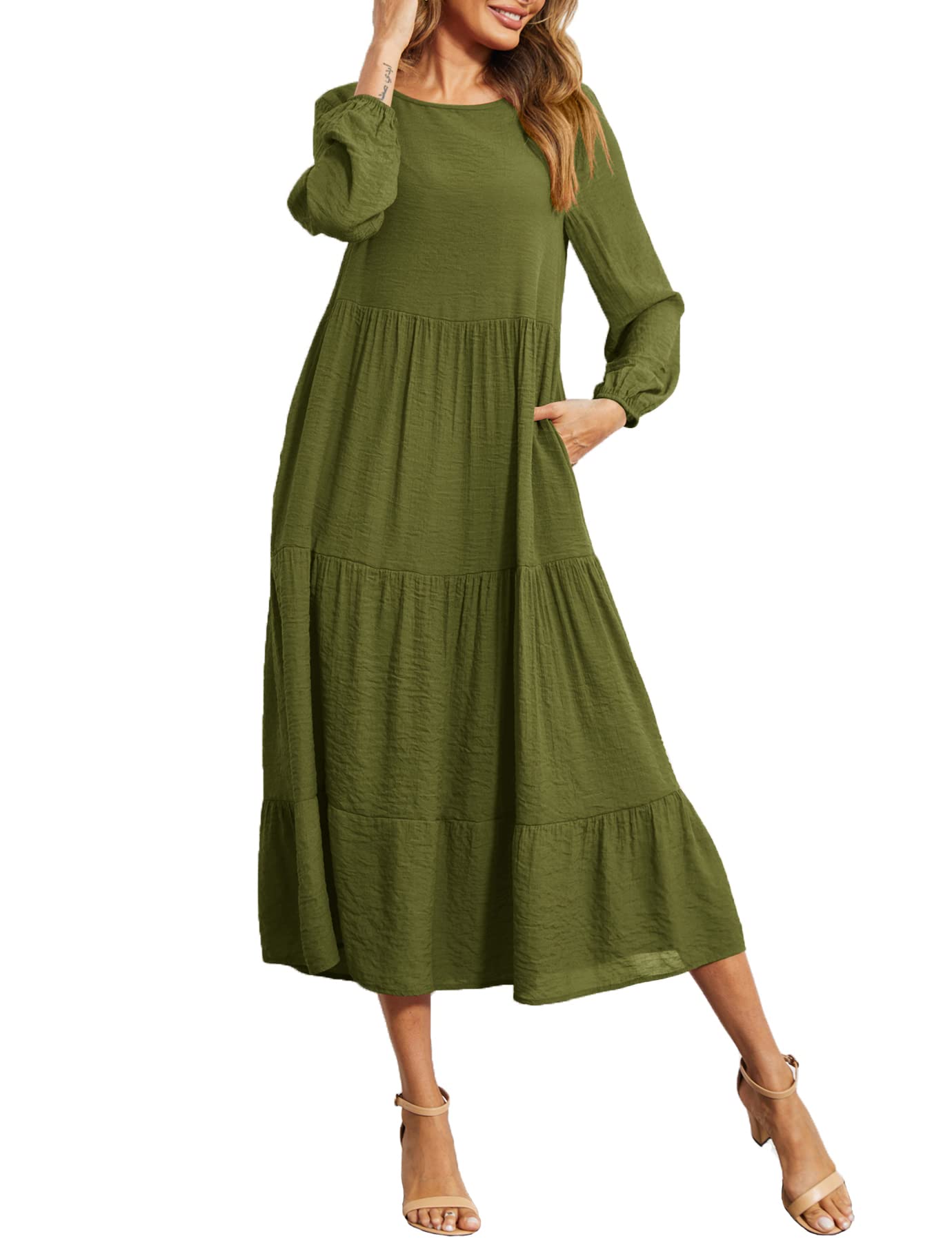 Halife Women's Summer Casual Maxi Dresses Flowy Ruffle Boho Long Dresses with Pockets