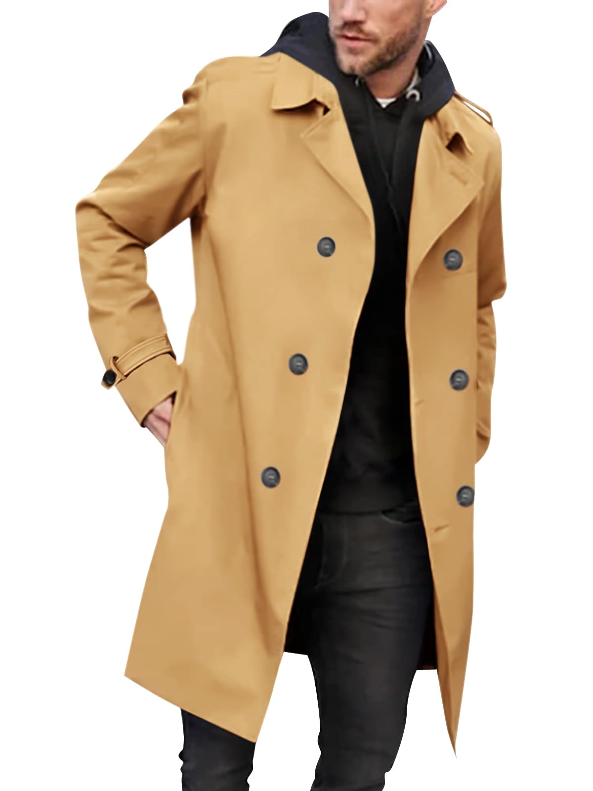 Gafeng Mens Double Breasted Trench Coat Notched Lapel Casual Slim Fit Long Windbreaker Overcoat