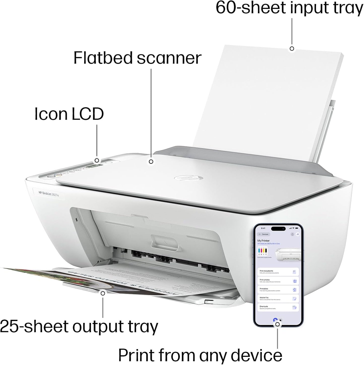 HP DeskJet 2827e Wireless All-in-One Color Inkjet Printer, Scanner, Copier, Best-for-Home, 3 Month Instant Ink Trial Included, AI-Enabled (6W7F5A)