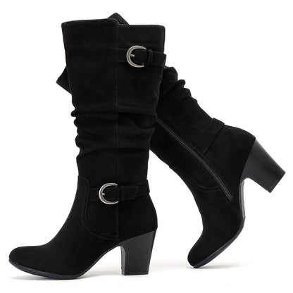 Women's Slouchy Knee High Boots with Chunky Heel, Pointed Toe, Comfortable and Fashionable Fall Winter Boots for Women.