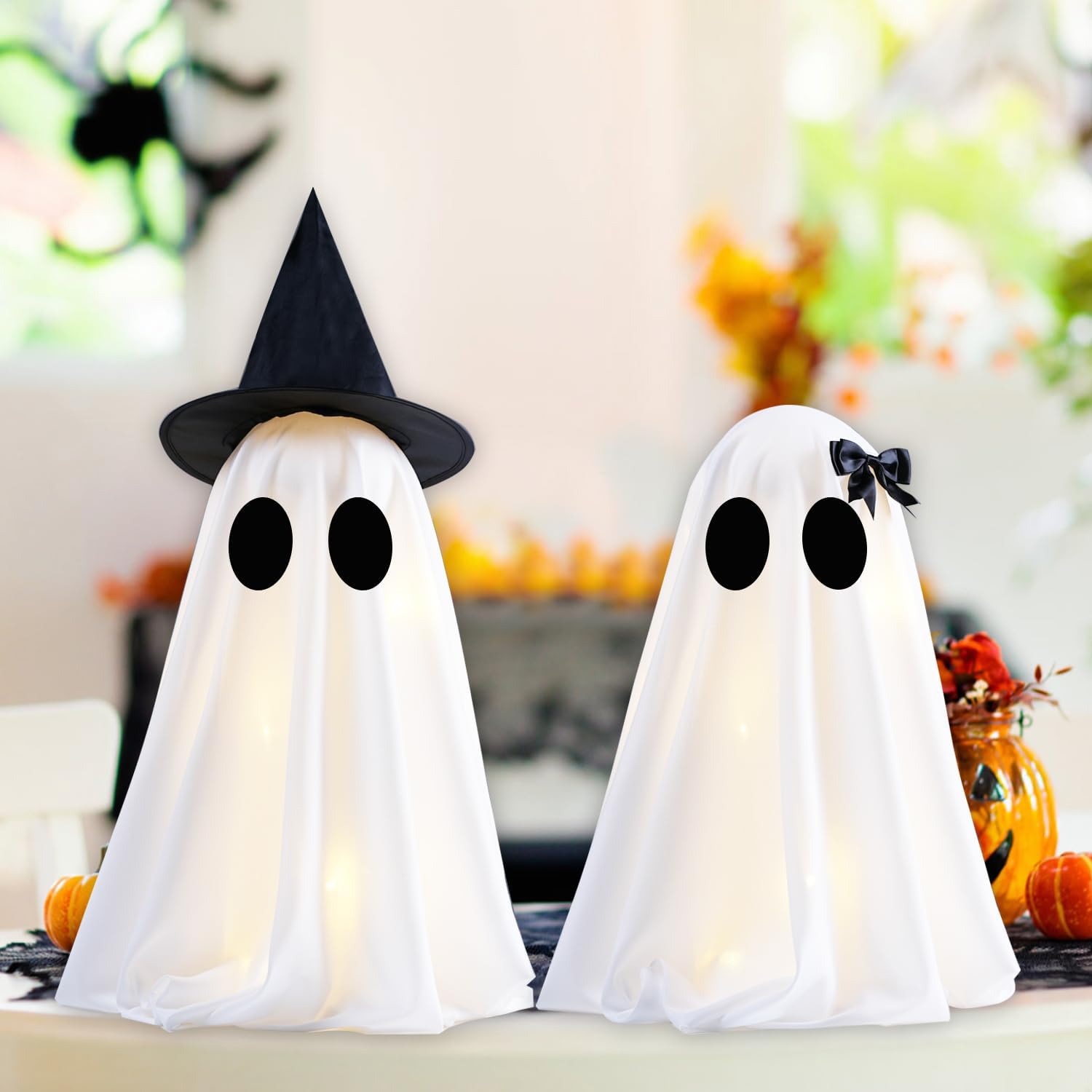 [Timer] Light Up Halloween Ghost Decorations, Set of 2 DIY Spooky Ghosts Crafts, Scary Ghost for Halloween Decor Indoor Home Mantel Shelf & Tabletop Decor