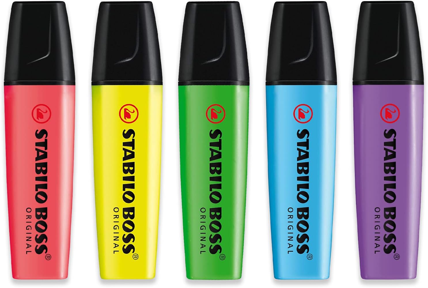 STABILO Highlighter BOSS ORIGINAL - Essential Pack of 5 - Red, Yellow, Light Blue, Light Green & Lavender