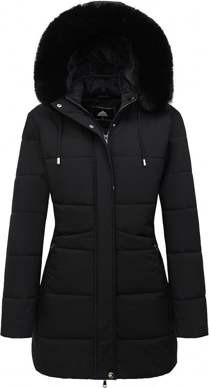 MOERDENG Women's Winter Puffer Coat Thicken Fleece Lined Down Jacket Waterproof Faux Fur Detachable Hooded Parka