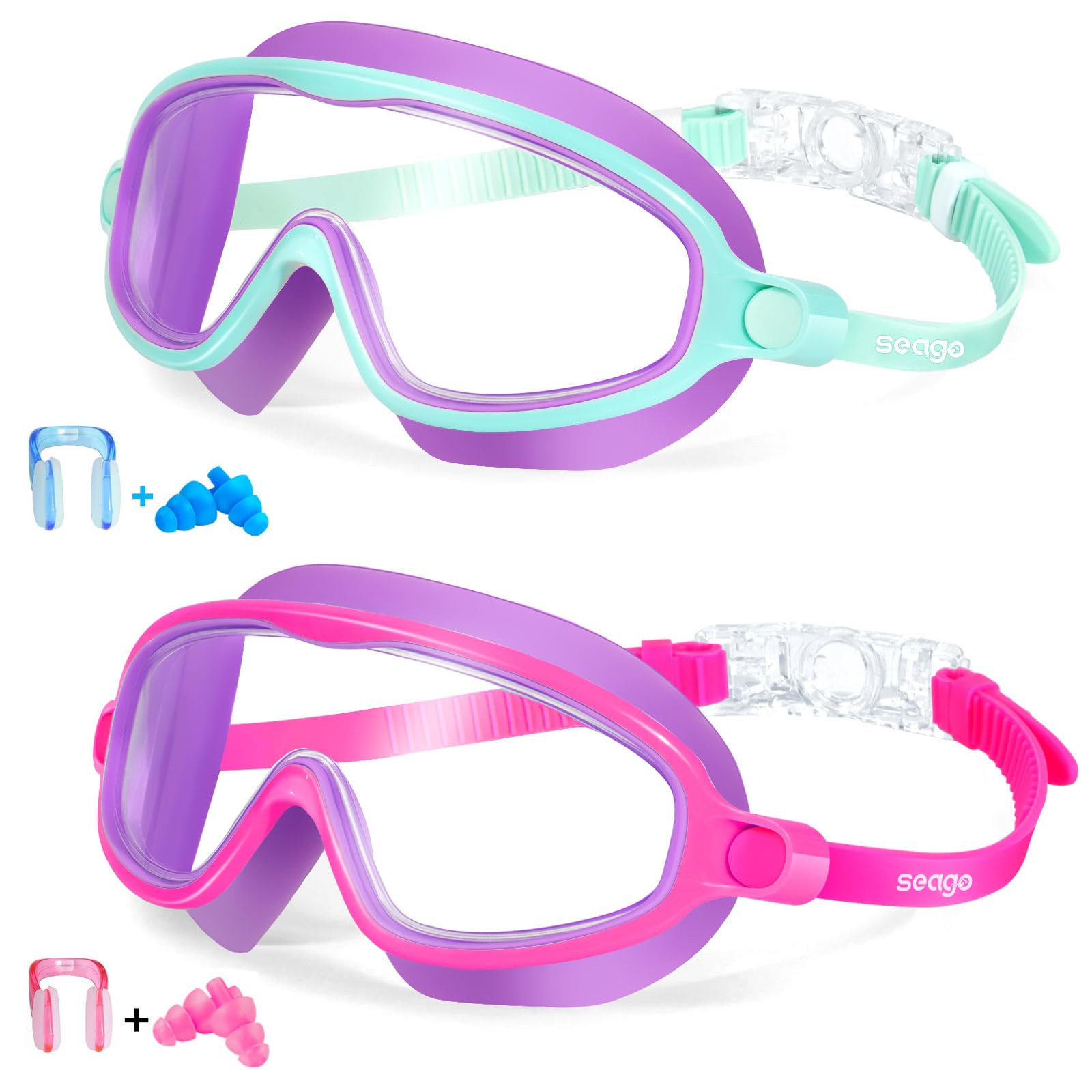 Seago Swim Goggles 2 Pack Anti-Fog Anti-UV Wide View Swimming Goggles for Kids 3-14