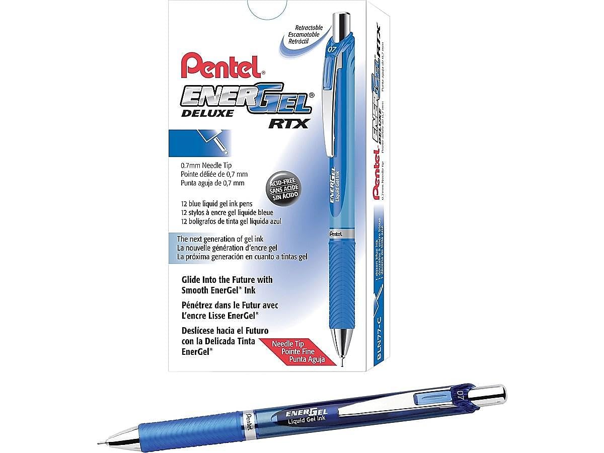 Pentel EnerGel Deluxe RTX Retractable Gel Pens, Needle Tip, Medium 0.7mm, Black Ink, Dozen (BLN77-A)