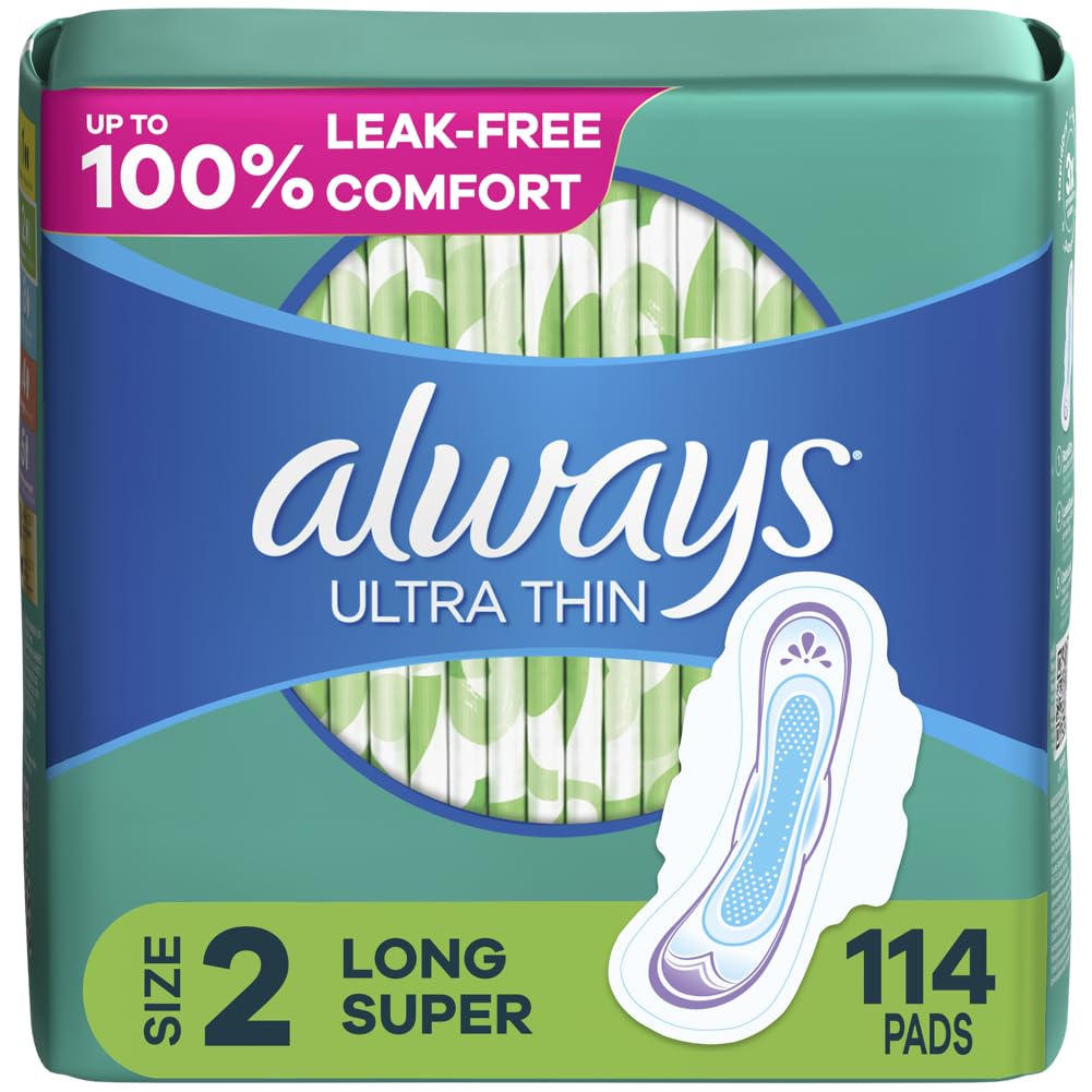Always Ultra Thin Feminine Pads For Women, Size 2 Long Super Absorbency, With Wings, Unscented, 58 Count