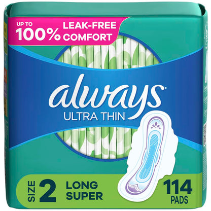 Always Ultra Thin Feminine Pads For Women, Size 2 Long Super Absorbency, With Wings, Unscented, 58 Count