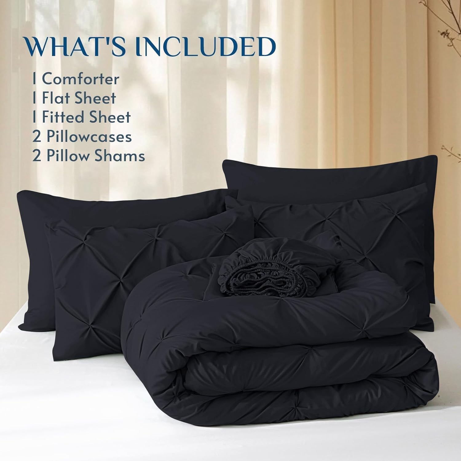 JOLLYVOGUE Queen Comforter Set 7 Pieces - Bed in a Bag Queen for All Season, Pintuck Bedding Comforter Sets with Comforter, Flat Sheet, Fitted Sheet and Pillowcases & Shams, Black