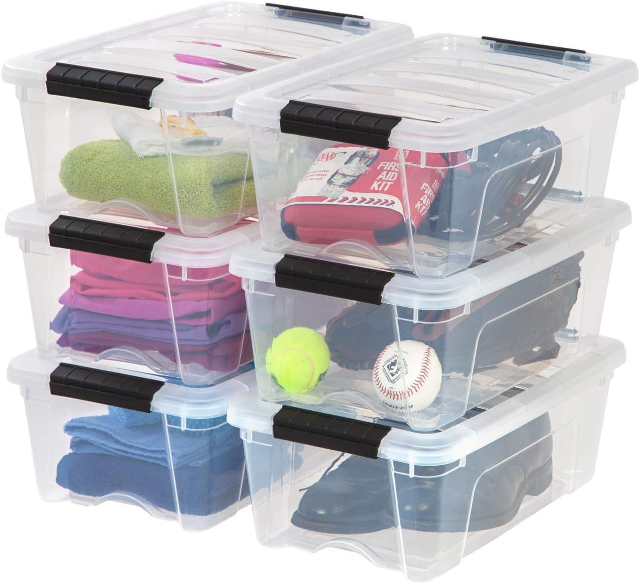 IRIS USA 13 Qt Stackable Plastic Storage Bins with Lids, 6 Pack - BPA-Free, Made in USA - Discreet Organizing Solution, Latches, Durable Nestable Containers, Secure Pull Handle - Pearl