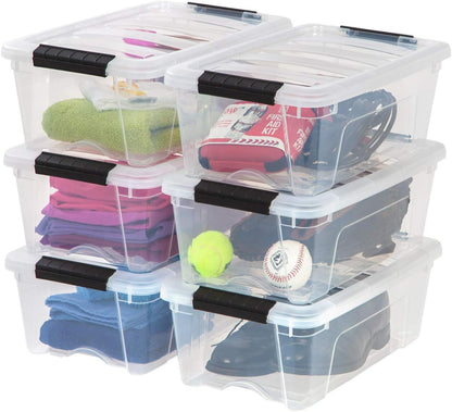 IRIS USA 13 Qt Stackable Plastic Storage Bins with Lids, 6 Pack - BPA-Free, Made in USA - Discreet Organizing Solution, Latches, Durable Nestable Containers, Secure Pull Handle - Pearl