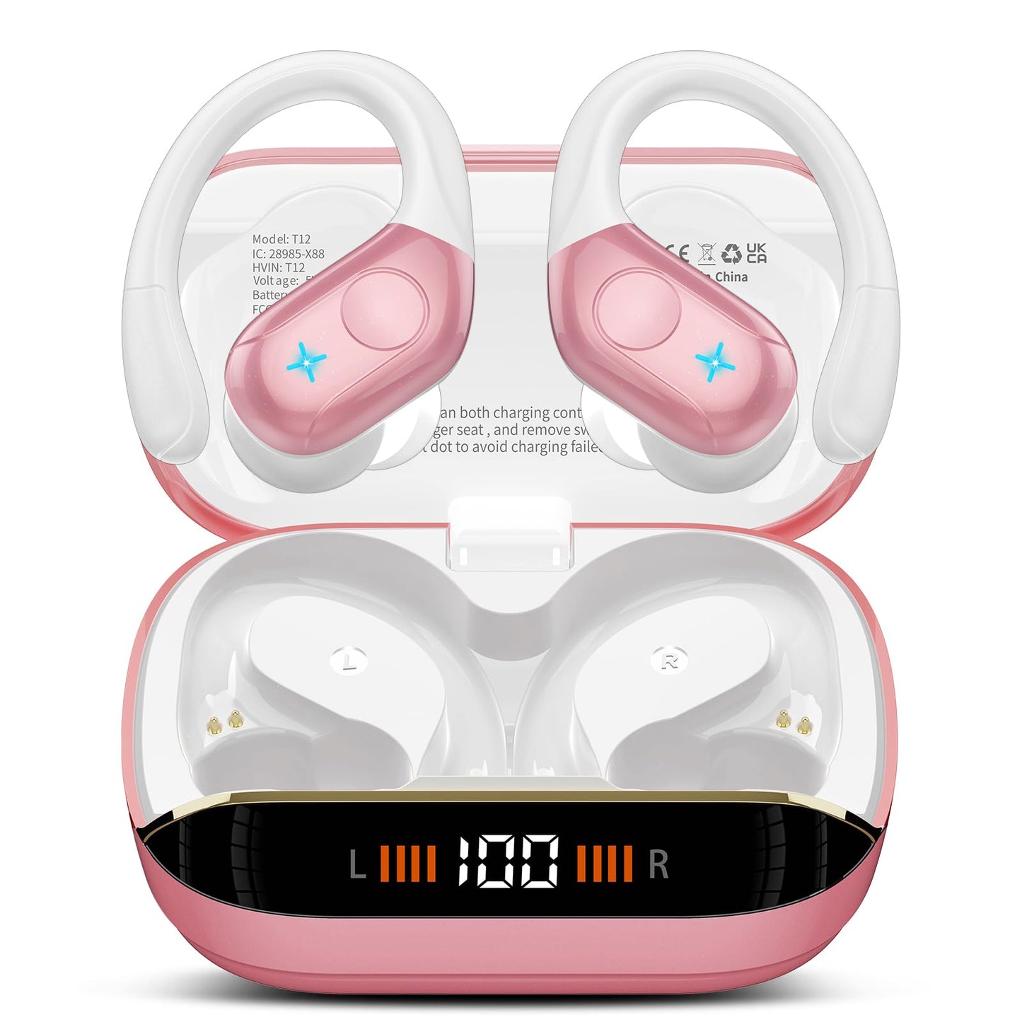 Wireless Earbuds Bluetooth 5.4 Headphones 75H Stereo Deep Bass Sports Over Ear Buds with Earhooks, LED Display Bluetooth Earbuds with 4 ENC Mic, IP7 Waterproof Earphone for Running, Black