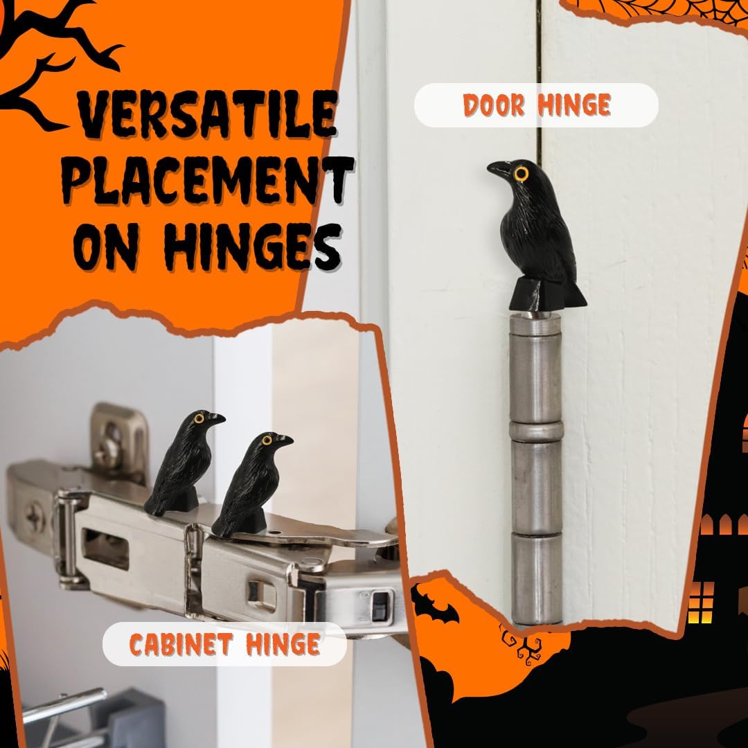 Black Crows Door Hinge Toppers Set of 6 - Spooky Black Raven Miniature Hinge Heads Decorative Topper - Magnetic Decorative Charms for Halloween Home Decor