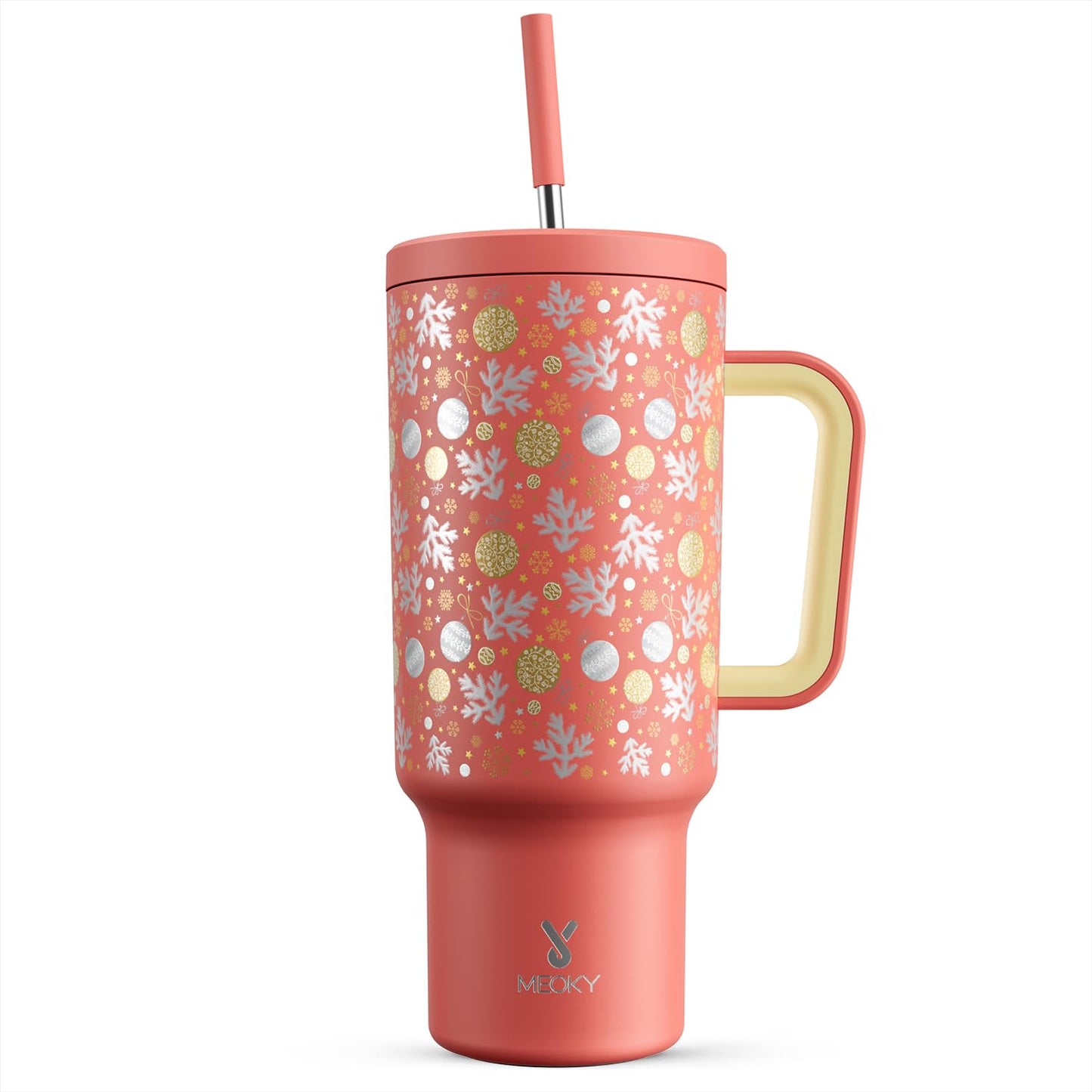 Meoky 40 oz Christmas Tumbler with Handle and Straw, Xmas Tumbler with Lid and Straw, Insulated Stainless Steel Travel Mug, Christmas Gifts for Women Men Adults (Jolly Reindeer)