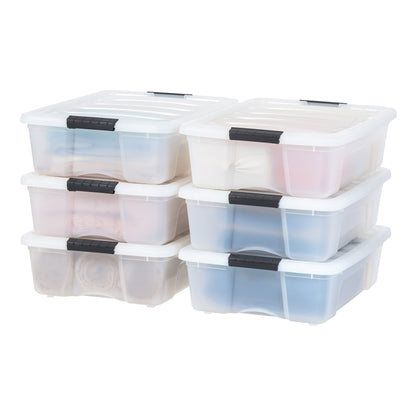 IRIS USA 13 Qt Stackable Plastic Storage Bins with Lids, 6 Pack - BPA-Free, Made in USA - Discreet Organizing Solution, Latches, Durable Nestable Containers, Secure Pull Handle - Pearl