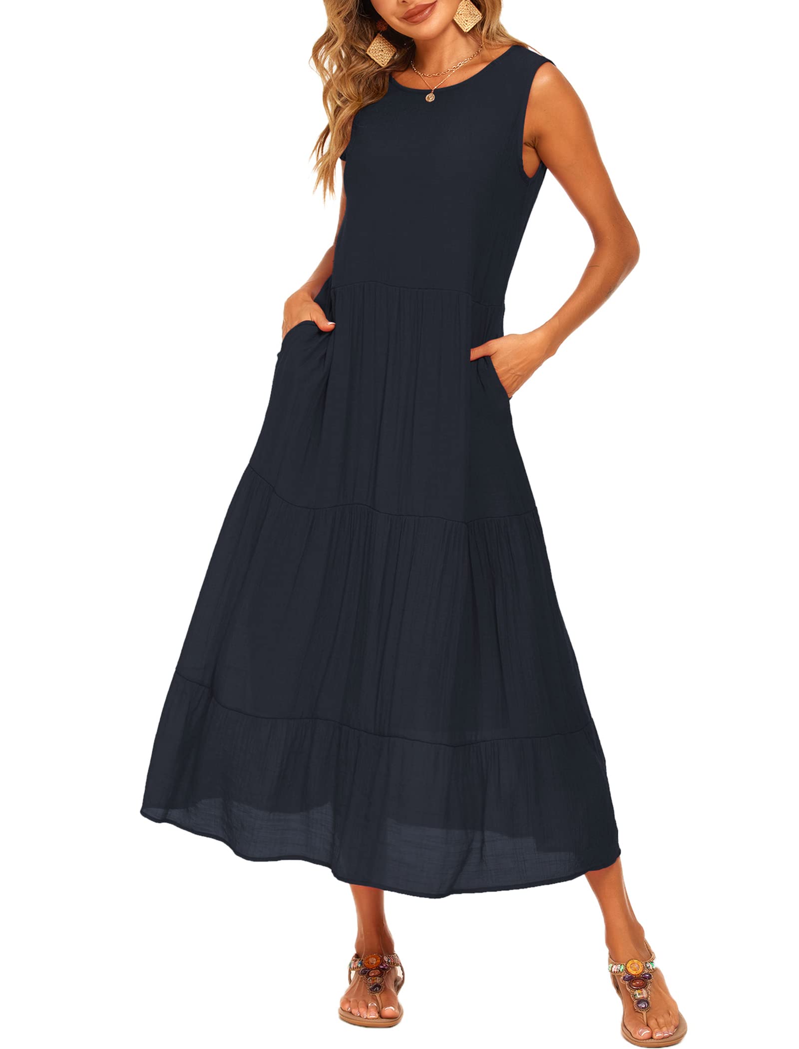 Halife Women's Summer Casual Maxi Dresses Flowy Ruffle Boho Long Dresses with Pockets