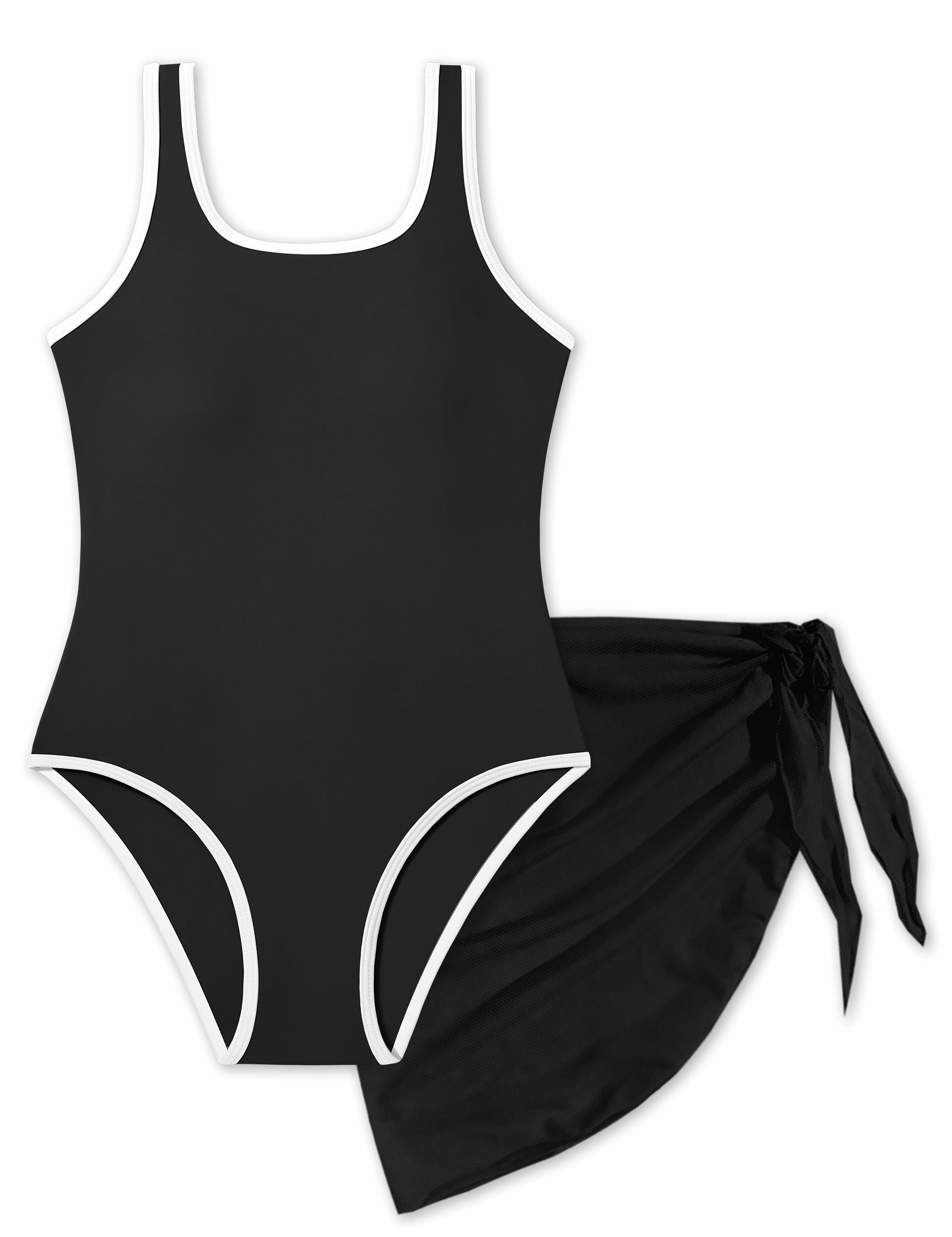 Girls Swimsuit, Adjustable Straps Cut Out One Piece Bathing Suit with Solid Color Cover Up Skirt Girls' Swimwear