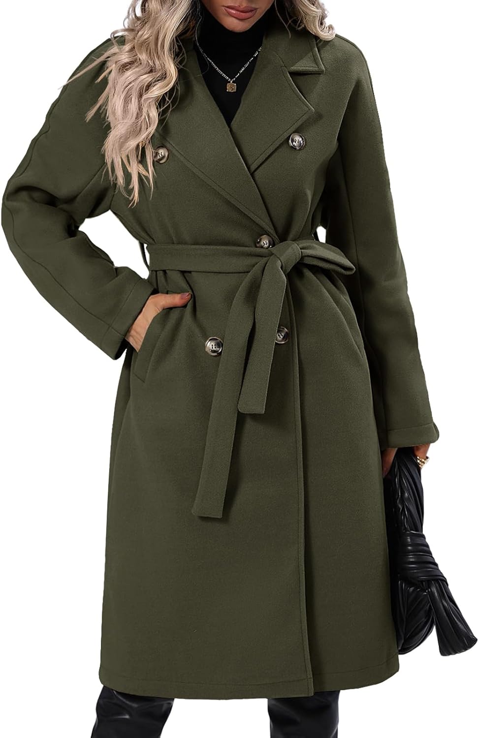 Danedvi Women Elegant Wool Pea Coat Lapel Collar Double Breasted Mid-Long Winter Overcoats with Belted Pockets