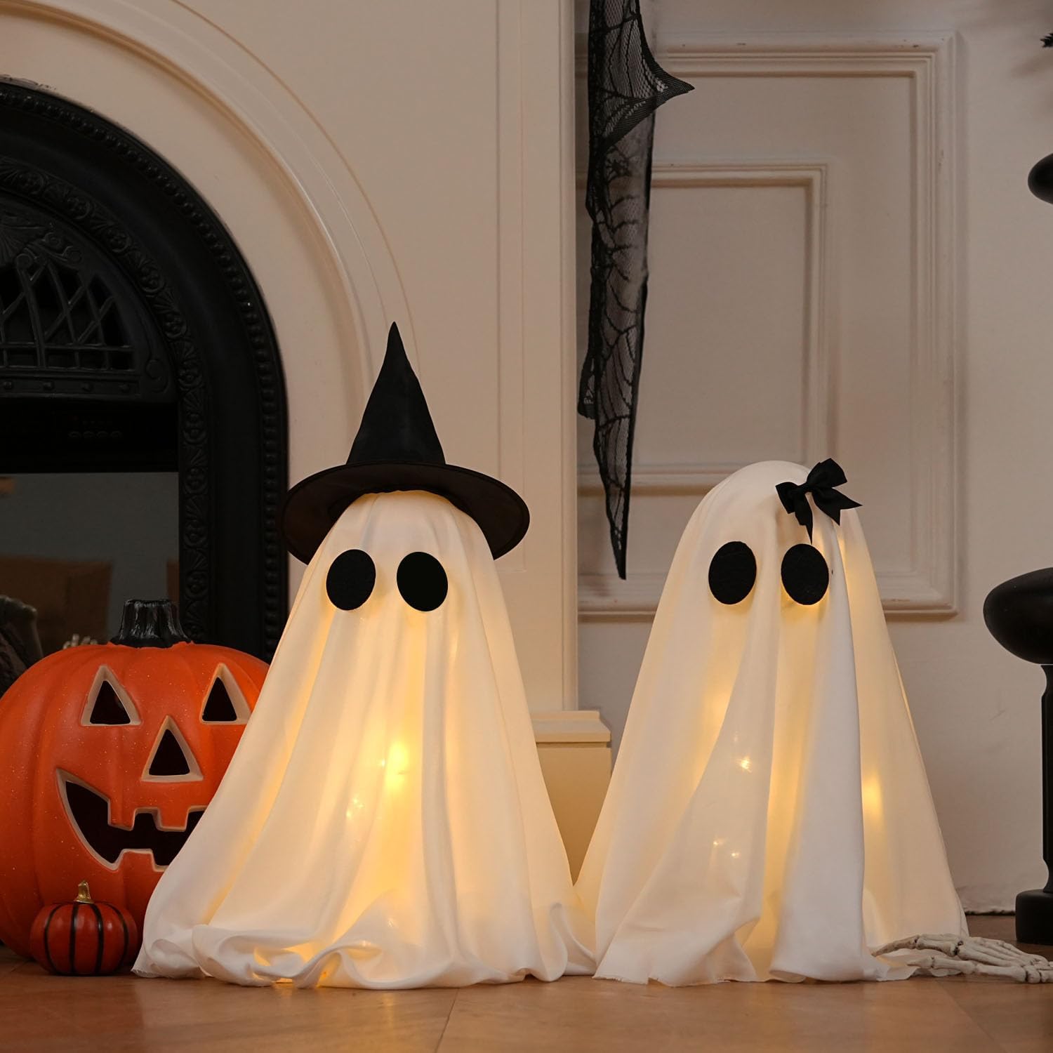 [Timer] Light Up Halloween Ghost Decorations, Set of 2 DIY Spooky Ghosts Crafts, Scary Ghost for Halloween Decor Indoor Home Mantel Shelf & Tabletop Decor