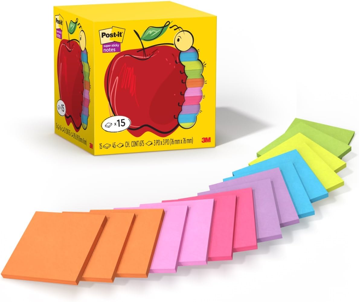 Post-it Super Sticky Notes, Assorted Bright Colors, 3x3 in, 15 Pads/Pack, 45 Sheets/Pad, 2X The Sticking Power, Recyclable, Apple Pack