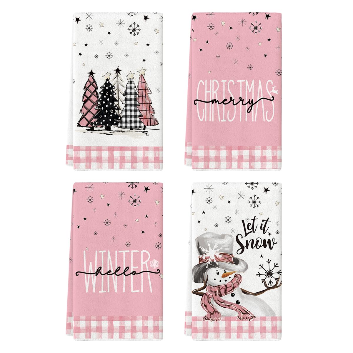 Artoid Mode Black White Buffalo Plaid Snowman Xmas Trees Christmas Kitchen Towels Dish Towels, 18x26 Inch Daily Winter Decoration Hand Towels Set of 4