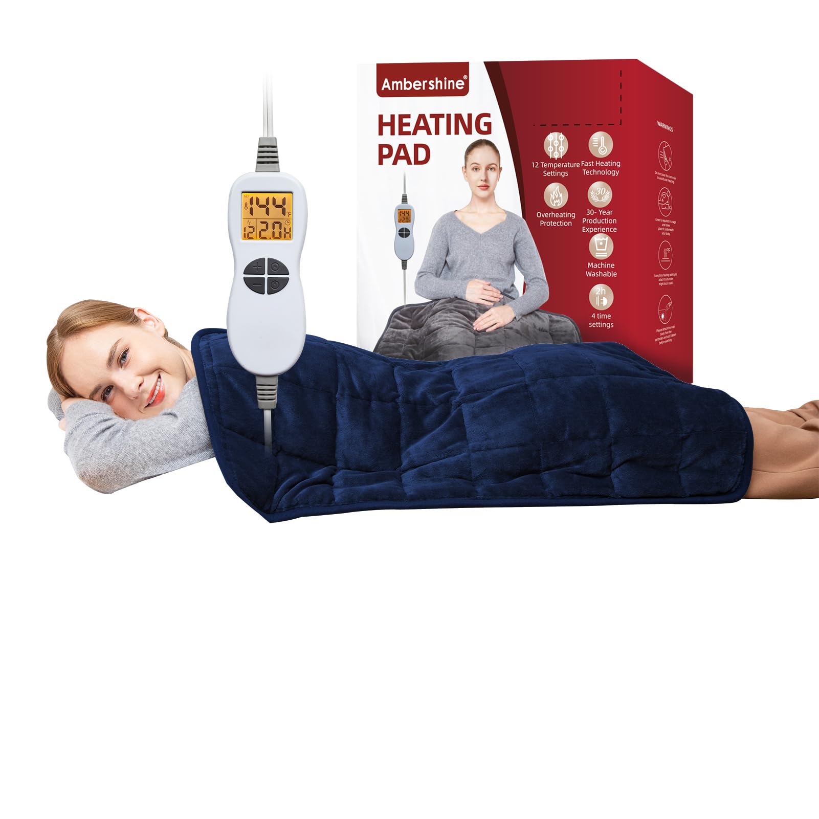 Ambershine 26"x35" XXXL King Size Neck& Shoulder& Back Heating Pad with 12 Temperature Settings& 4 Auto-Off Countdown Timers, Pain Relief for Back/Neck/Shoulder, Christmas gift for mom dad (Dark Gray)