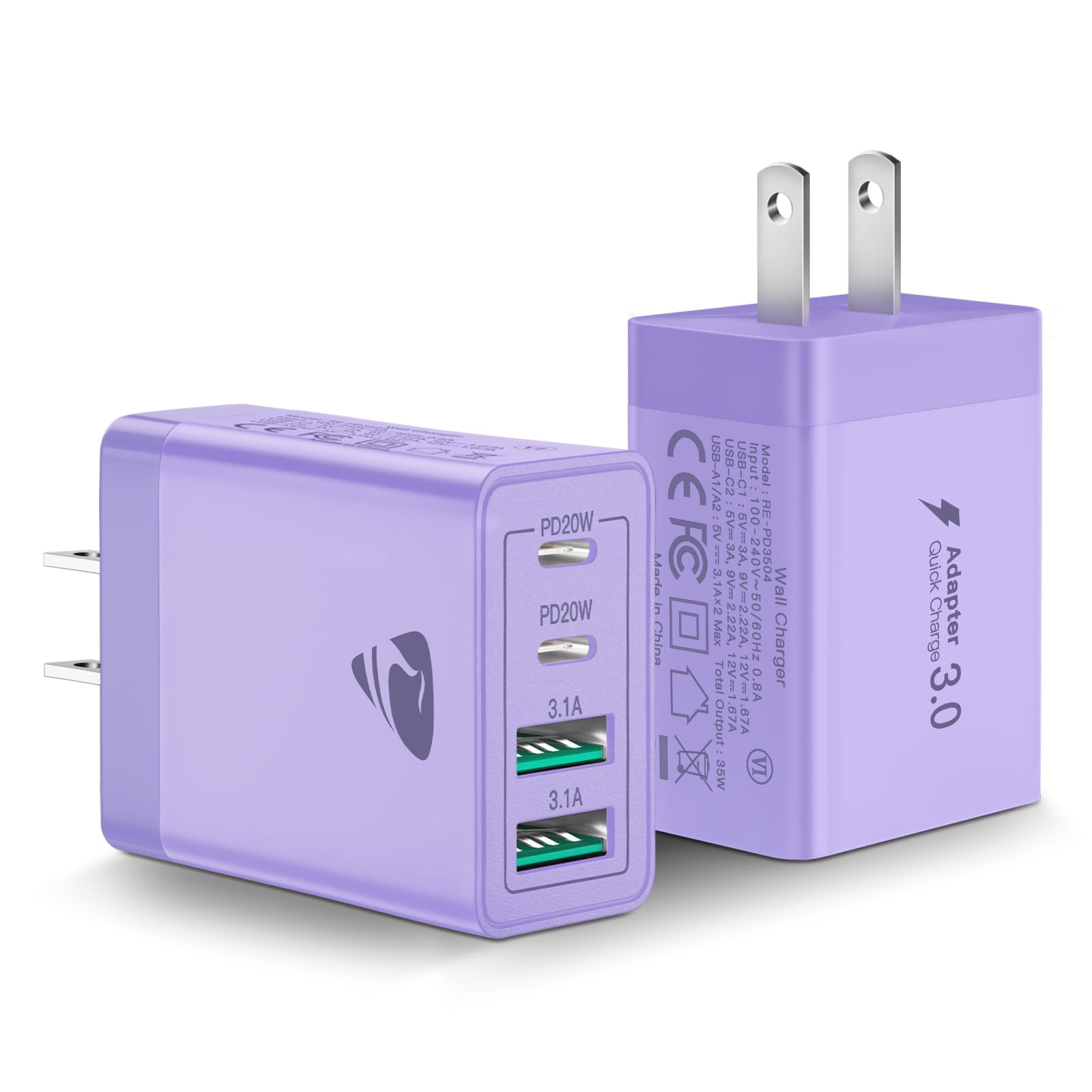 [2-Pack] USB C Wall Charger, 40W Fast USB C Charger Block, 4-Port PD Power Adapter + QC Wall Plug Multiport Type C Charging Block Cube Compatible with iPhone 16 15 14 13 12 11 Pro Max XR XS 8, Samsung