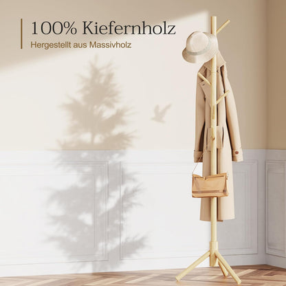 Pipishell Coat Rack Sturdy Wooden Coat Rack Stand, Adjustable Coat Tree, Free Standing Tree Hanger with 4 Sections & 8 Hooks, for Home/Bedroom/Office/Hallway/Entryway