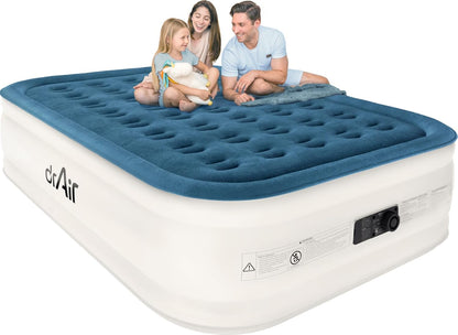 Queen Air Mattress, 18” Raised Inflatable Bed with Built-in Pump, Waterproof Velvety Top, Ergonomic Design, Reinforced Support, and Carry Bag for Home, Camping, and Guests