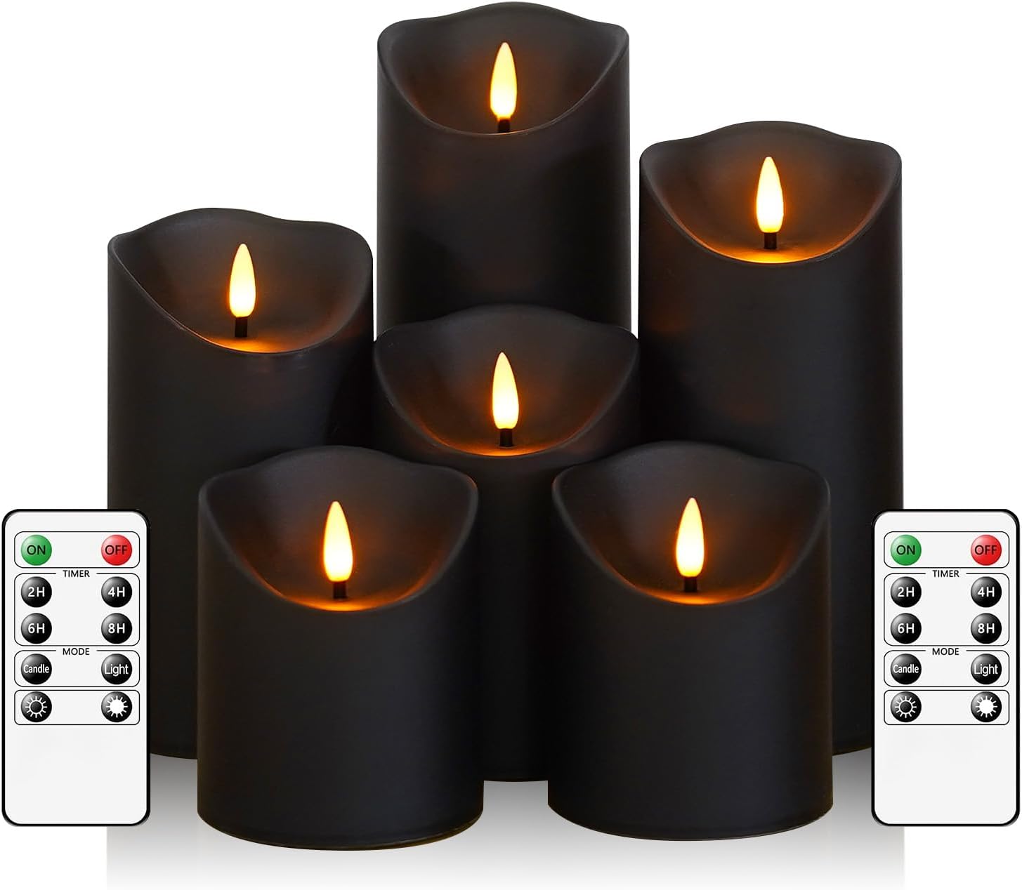 Fo32won Flameless Flickering Candles with Remote Timer, Set of 6 Led Black Battery Operated Candles for Home Decor Xmas Halloween (D3 x H3 3" 4" 5" 6" 7")