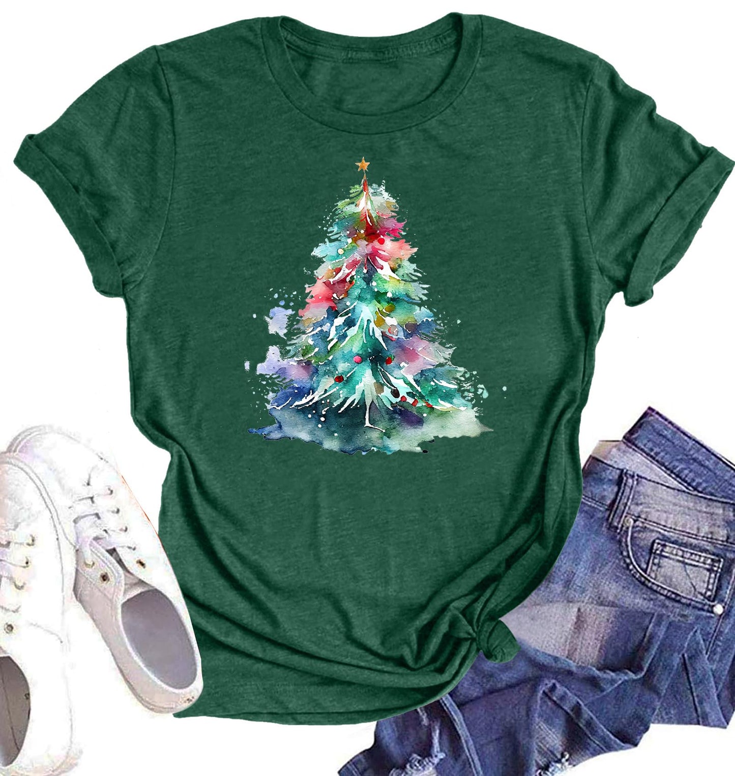 Believe Christmas Shirt for Women Christmas Tree Graphic T-Shirts Believe Letter Print Tees Holiday Tops