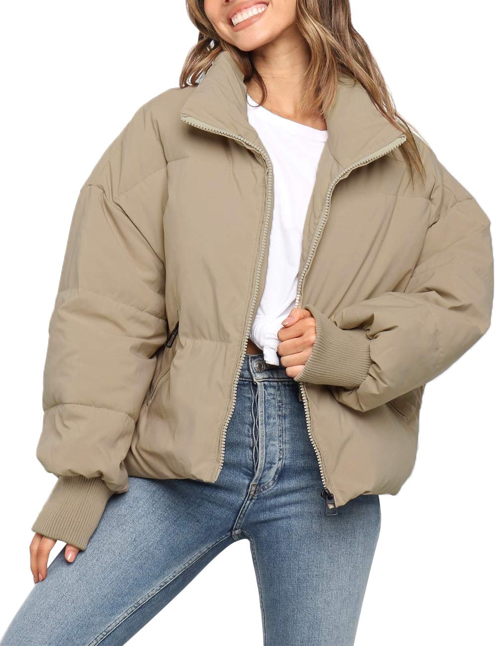 MEROKEETY Women's 2025 Winter Long Sleeve Zip Puffer Jacket Pockets Baggy Short Coats