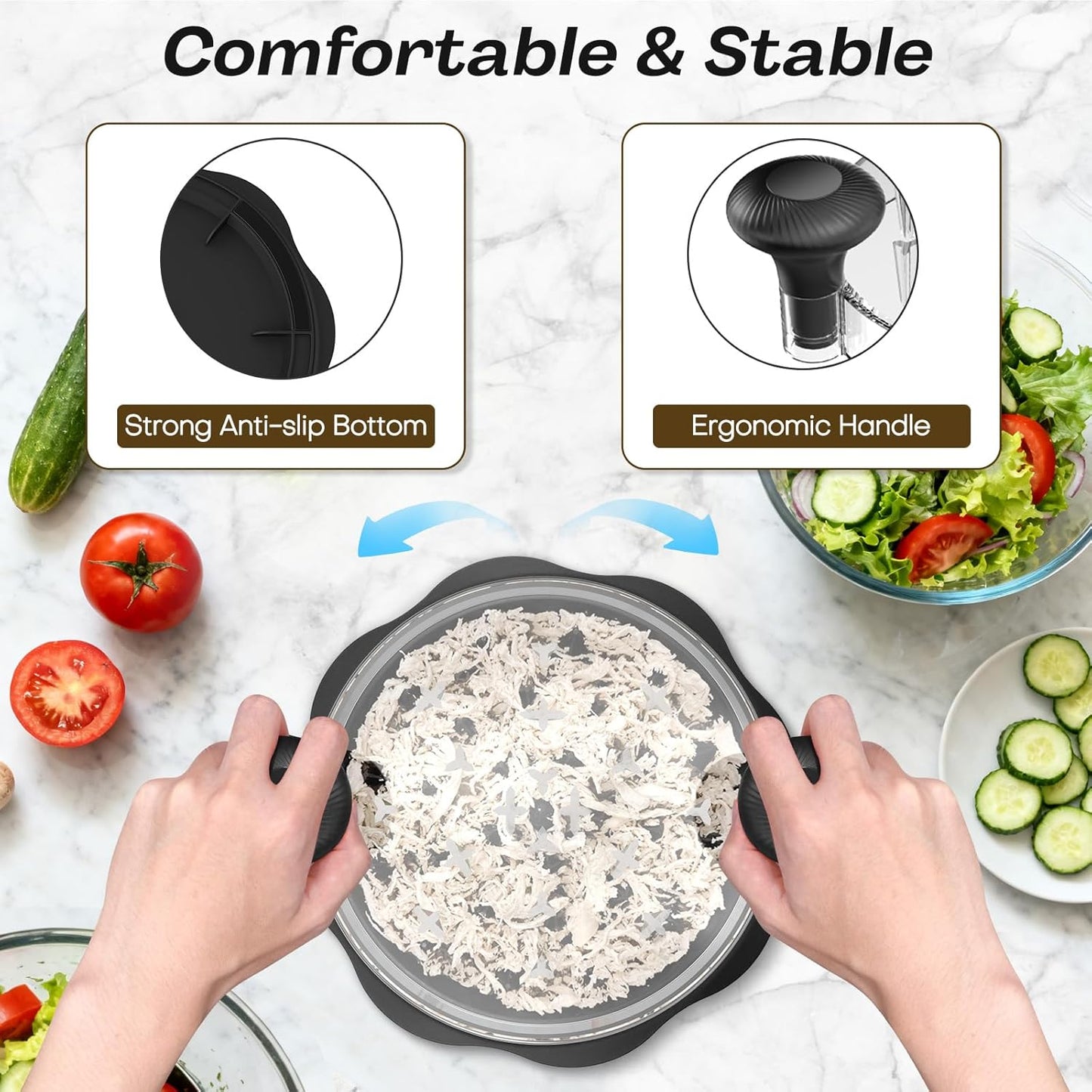 10" Pro Chicken Shredder Tool Twist Large for Kitchen, BPA-Free Food-Safe Meat Grinder, Visible Chicken Breast Meat Shredder with Strong Anti-Slip Bottom & Ergonomic Handle, Black