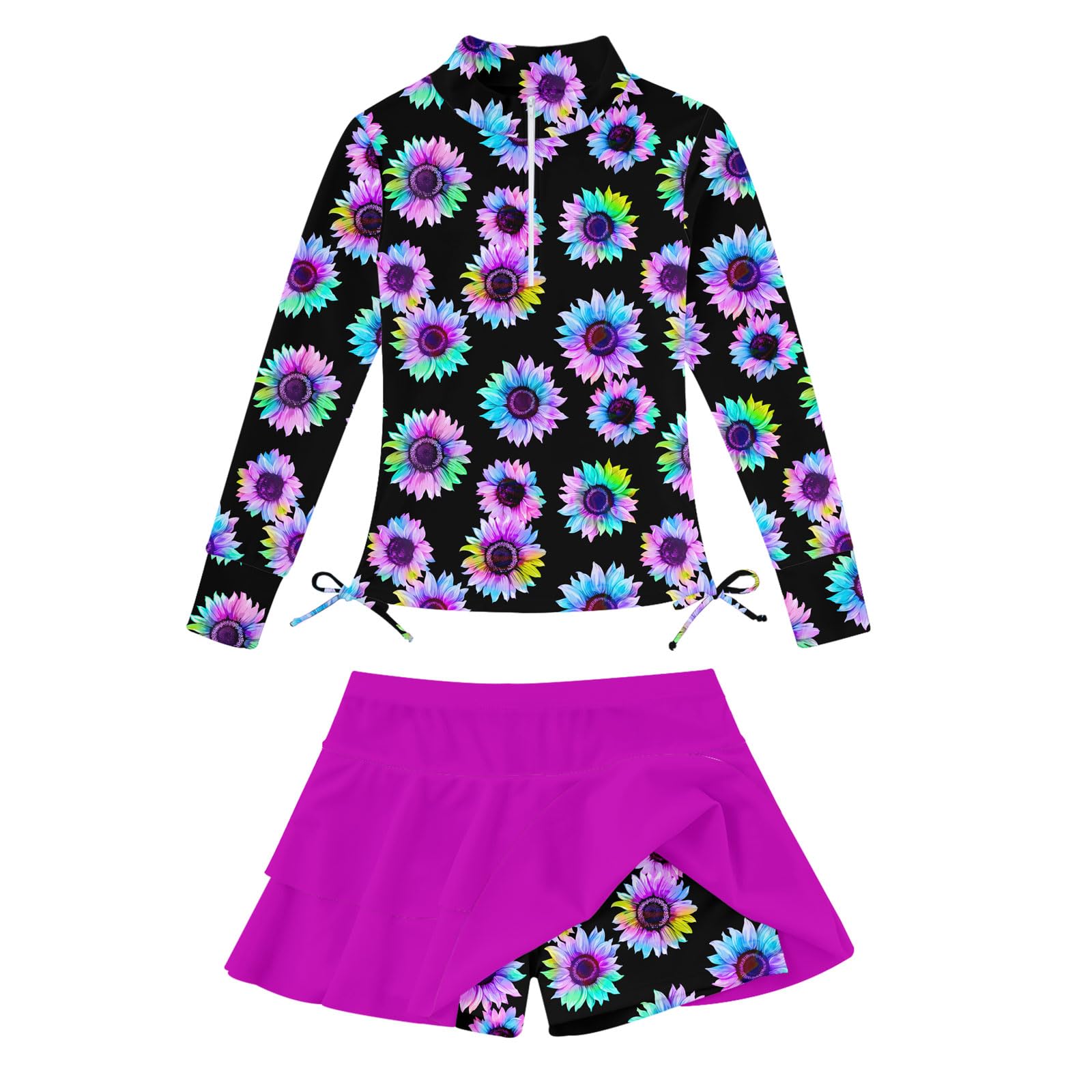 Vogseek 3-12T Girls Rash Guard 2 Pieces Bathing Suit Long Sleeve Swimsuit Swimming Skirt with Shorts Swimwear