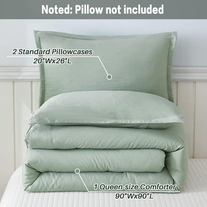 Litanika Queen Comforter Set Sage Green, 3 Pieces Lightweight Comforters Queen Size Solid Bedding Comforters Sets, Down Alternative Comforter Bed Set Quilt Blanket