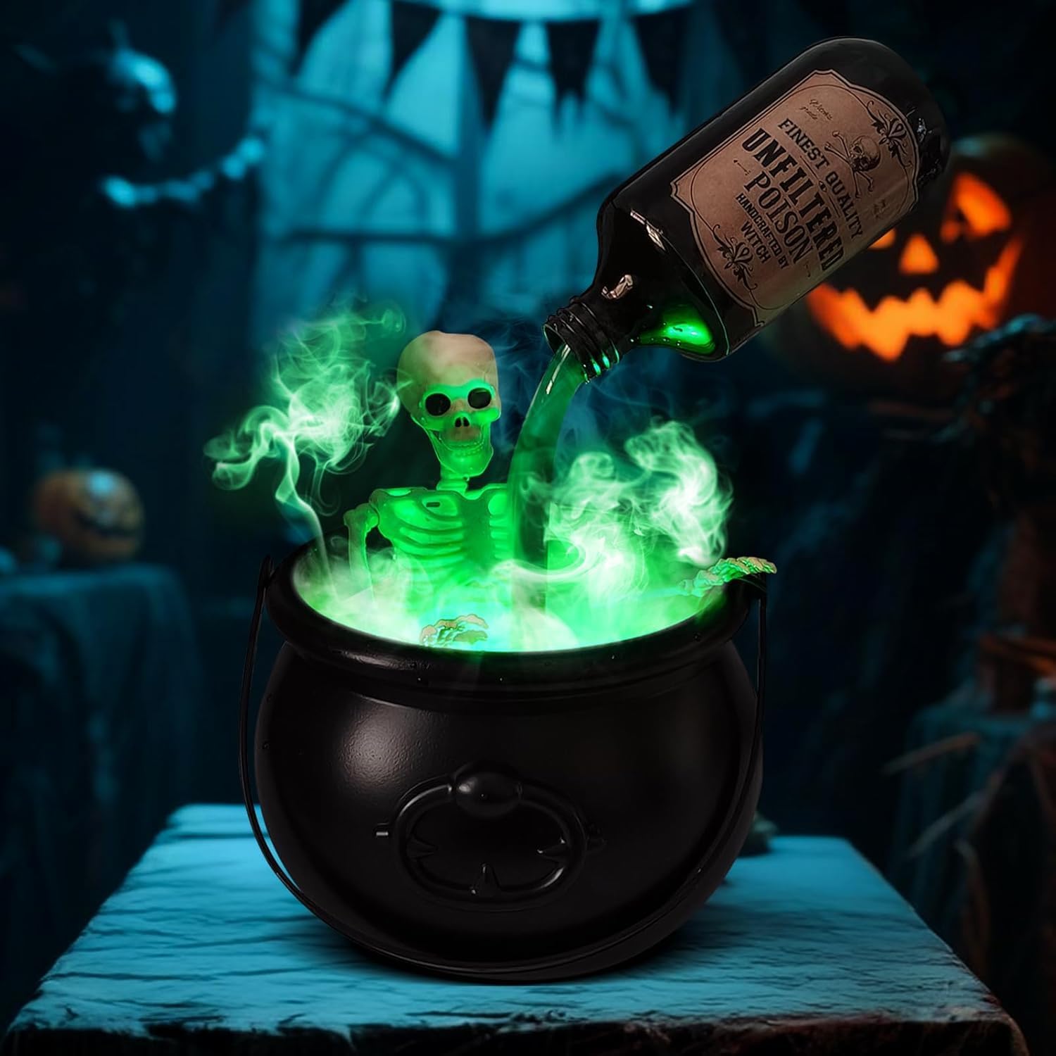 Cauldron Halloween Decor Indoor, Halloween Cauldron Decorations with Magic Floating Potion Bottles & Diffuser, Black Plastic Witches Cauldron Bowl Hocus Pocus Decor for Home Table Mantel Kitchen Room