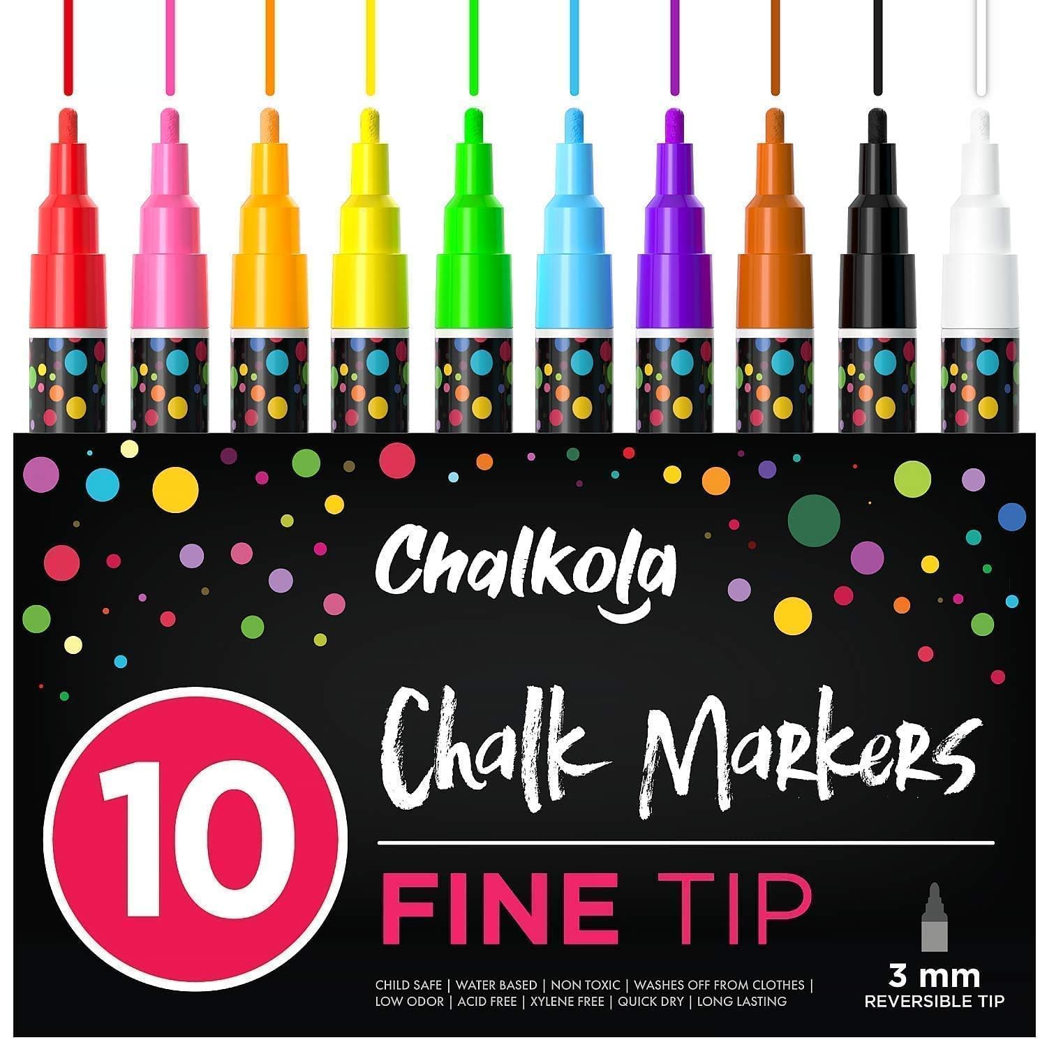 Chalk Markers Fine Tip (10 Pack, 1mm Extra Fine Point) - Neon Liquid Chalk Pens for Blackboards, Chalkboard, Bistro, Car Windows, Dry Erase Boards, Glass - Thin, Wet Erase, Erasable Chalkboard Markers