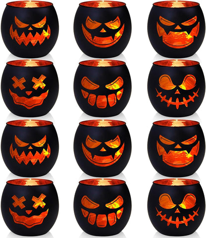 Black Halloween Table Centerpieces Candle Holders 12 PCS, Jack O Lantern Tealight Votive Candle Holders, Indoor Halloween Decorations for Mantel Coffe Table Decor