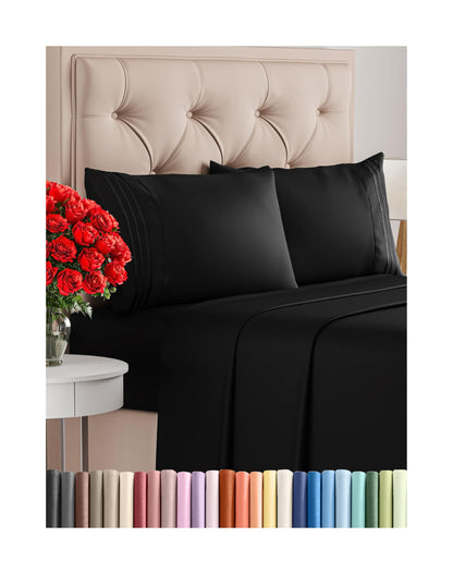 Queen Size 4 Piece Sheet Set - Comfy Breathable & Cooling Bed Sheets Set - Hotel Luxury Bedding for Women, Men, Kids, Teens, Boys & Girls - Deep Pockets, Ultra-Soft, Wrinkle Free - Oeko-Tex - Black