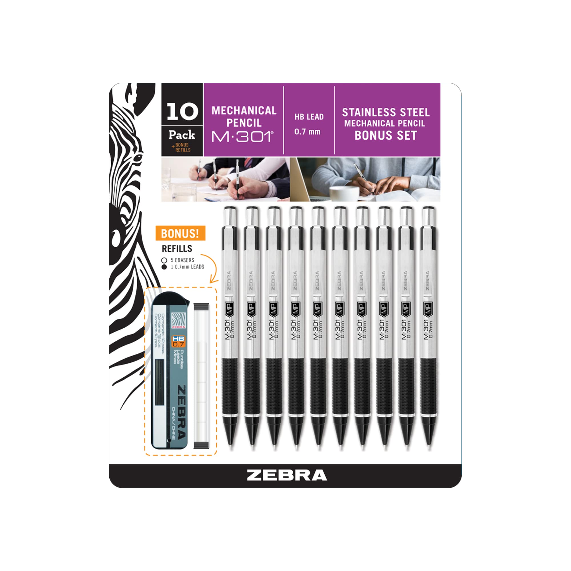Zebra Pen M-301 Mechanical Pencil, Stainless Steel Barrel, Medium Point, 0.7mm, Black Grip (Pack of 1,12 Count Total)