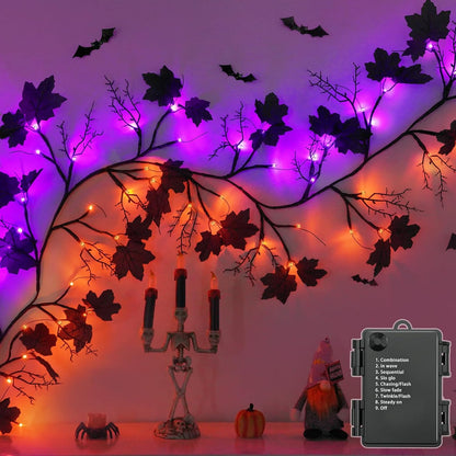 9 FT 72 LED Halloween Decorations Willow Vine Twig Decor with Orange Purple Lights and Dead Branches Black Leaves -Battery Operated 8 Modes for Indoor Wall Fireplace Halloween Decorations