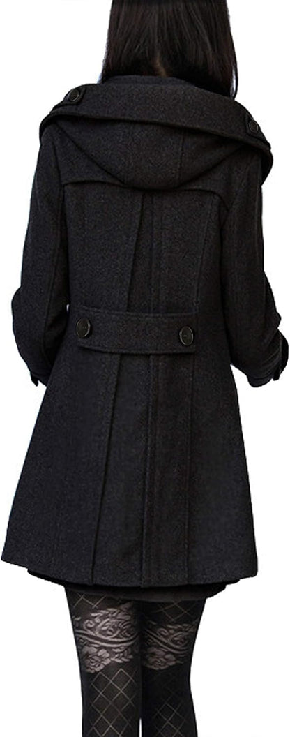 Tanming Women's Warm Double Breasted Wool Pea Coat Trench Coat Jacket with Hood