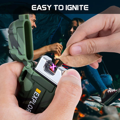 LcFun Waterproof Electric Dual Arc Lighter USB Rechargeable Outdoor Windproof Flameless Plasma Lighters for Camping, Hiking, Adventure, Survival Tactical Gear Gifts for Men